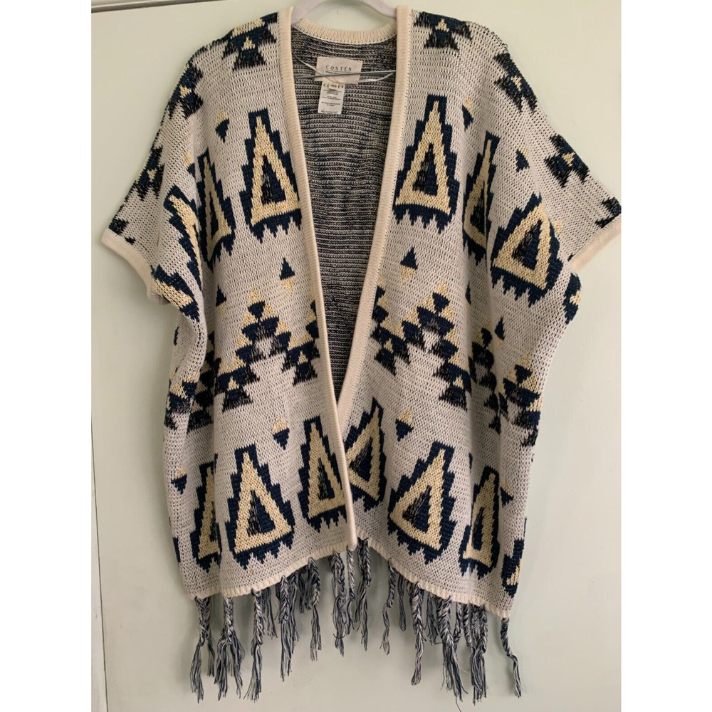 COSTES Ivory Aztec Print Open Front Fring Poncho XS/S